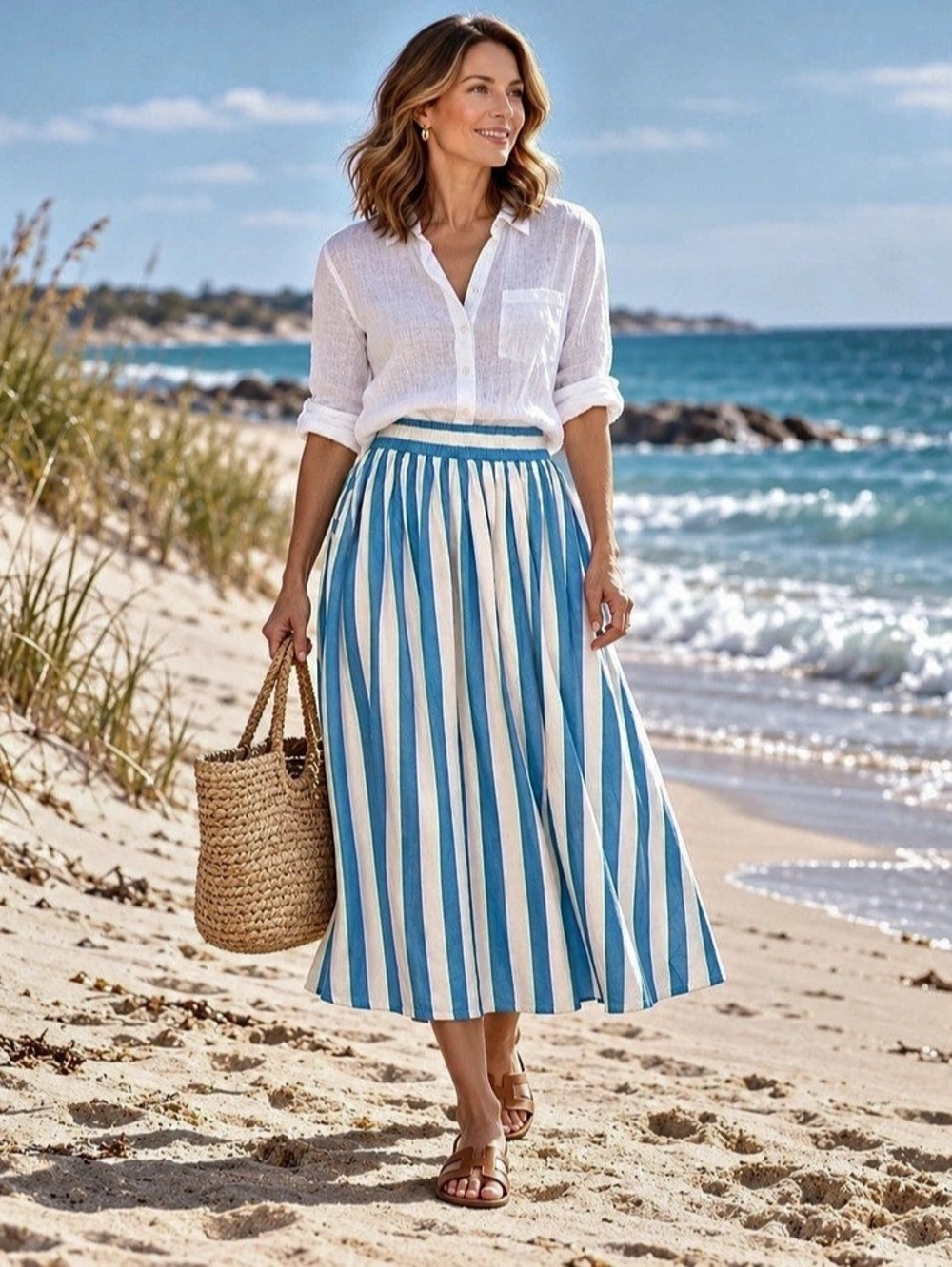 A New Day Striped Skirt XXL Linen Midi Coastal Resortwear Vacation Classic
